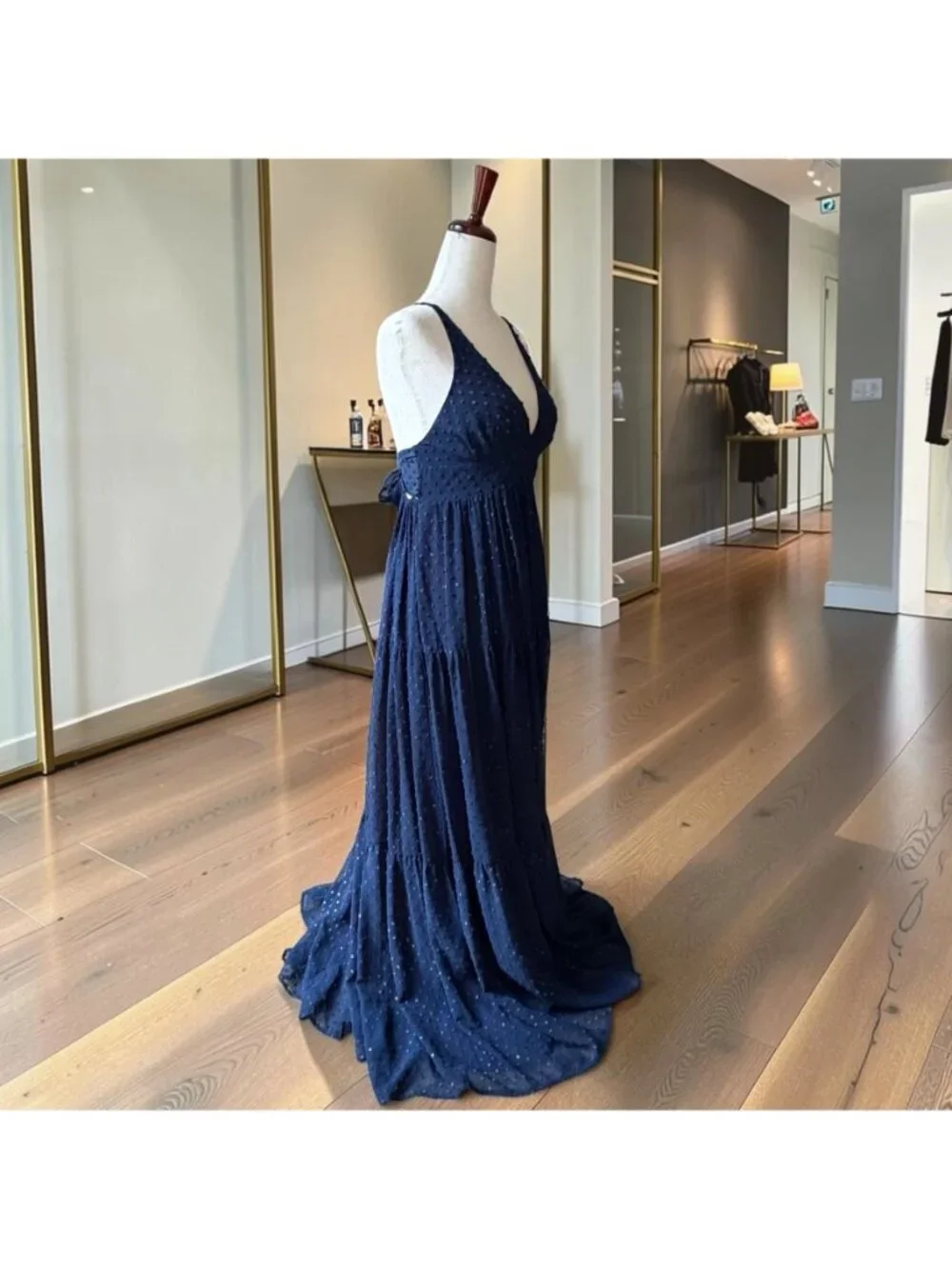 Le Superbe Starry Night Navy Blue Metallic Swiss Dot Tiered Maxi Dress Size 8 - Picture 6 of 10